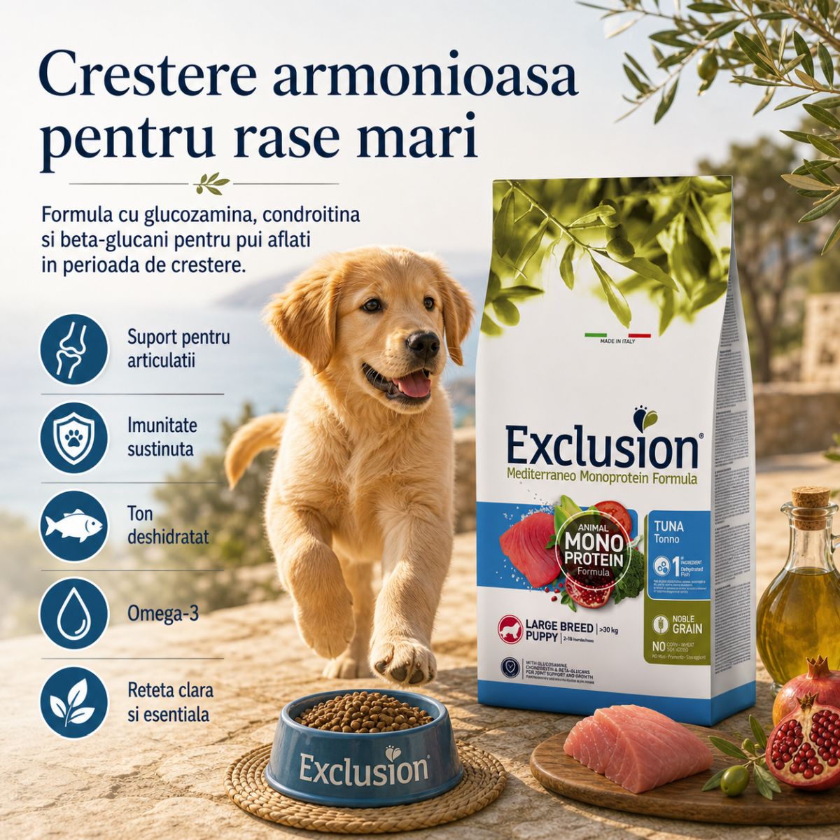 EXCLUSION Mediterraneo Monoprotein Formula Puppy Large Breed, L-XL, Ton, hrană uscată monoproteică câini junior, 12kg - imagine 3